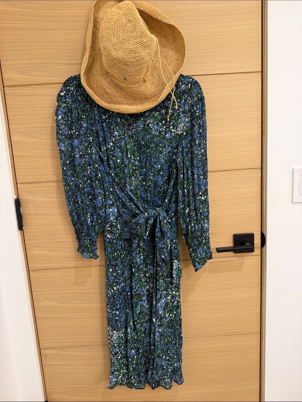 Veronica Beard Blue and Green Floral Long-Sleeve Belted Midi Dress